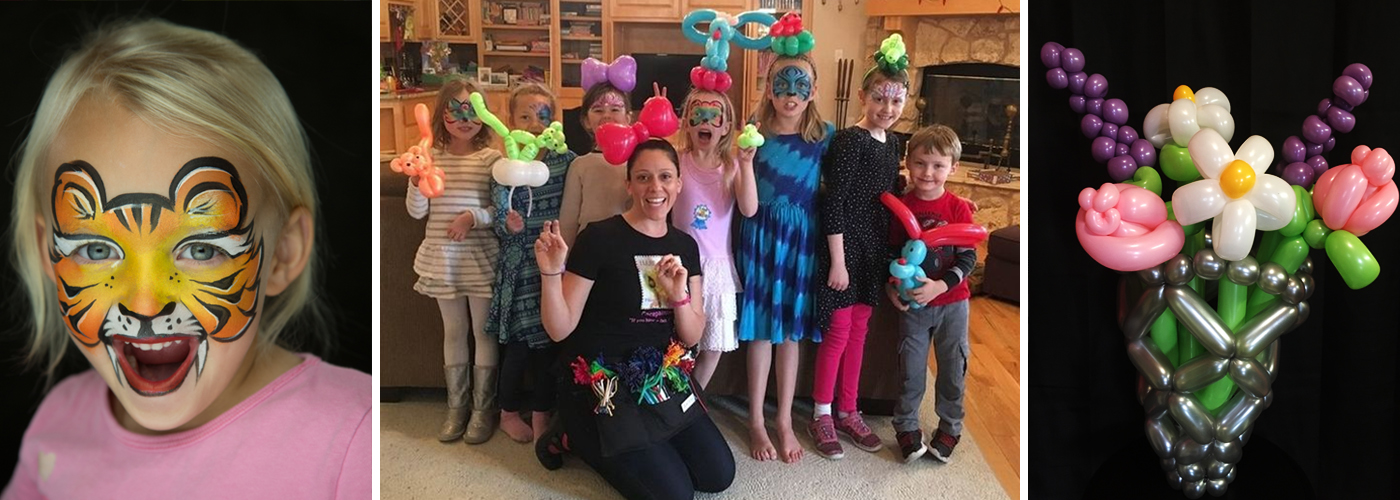 Header picture of a girl with a tiger face painting. A group picture of Facepainterina at a birthday party. A balloon bouquet of mixed flowers.