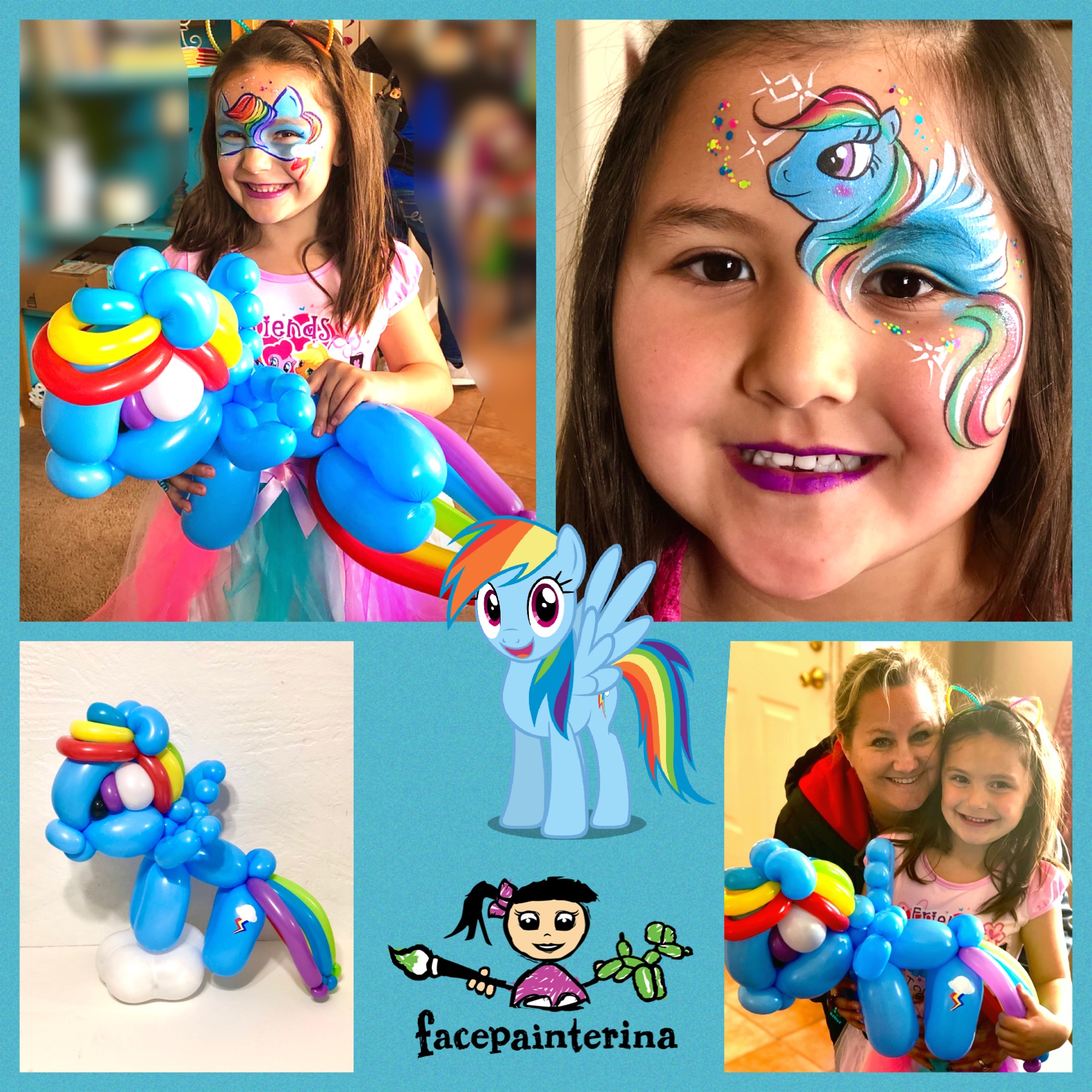 Rainbow Dash themed face painting and balloon animals.