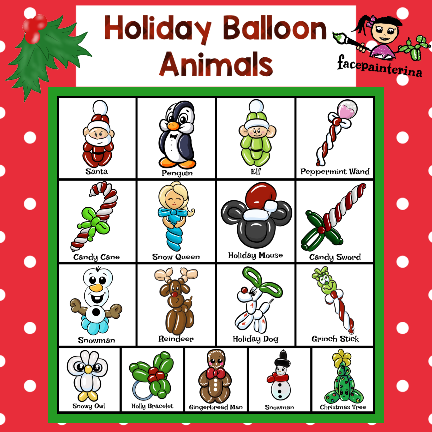 Menu of Holiday Balloon Animals